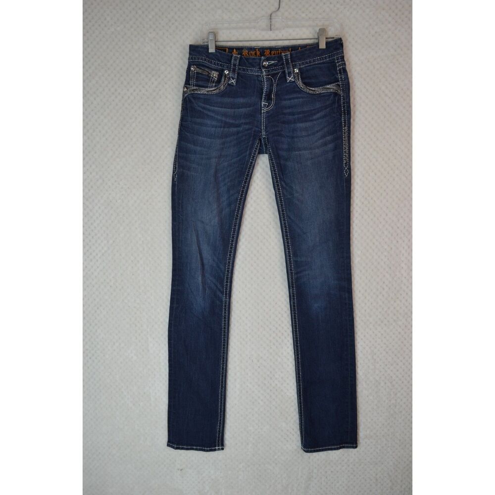 Rock Revival Women's 26 Long Deeka Straight Leg Embellished Stretch Jeans